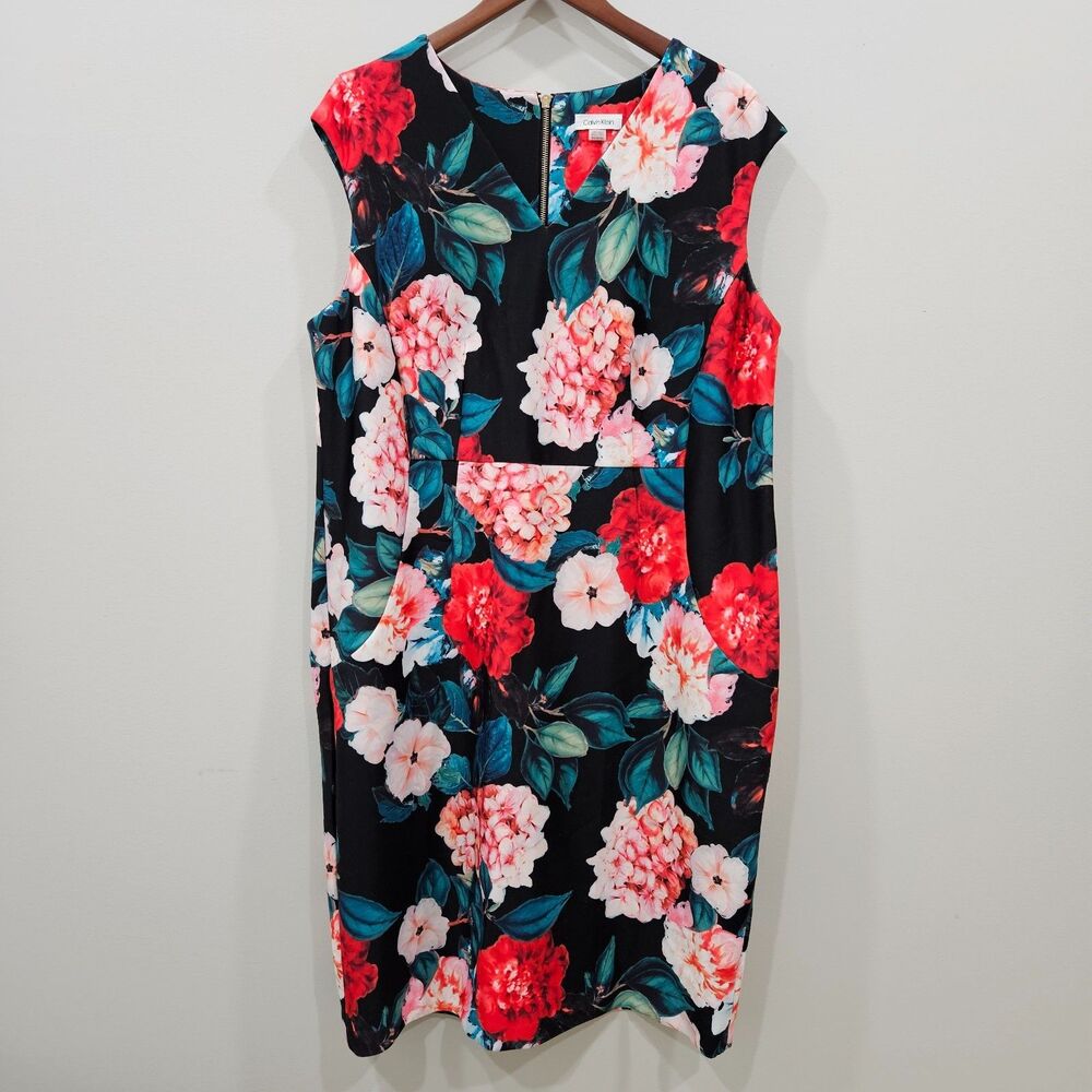 Calvin Klein Womens Floral Scuba Sheath Dress 18W Black Red Romantic Vamp Goth